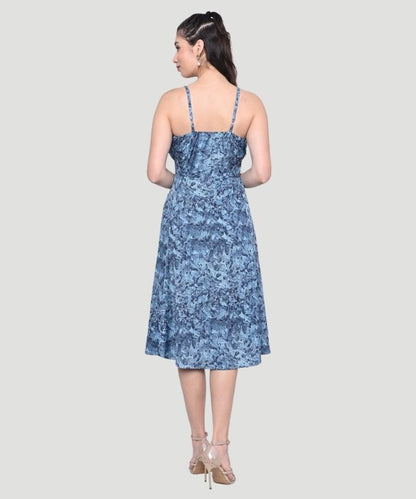Women's Blue Abstract Print Regular Fit A-line Midi Dress