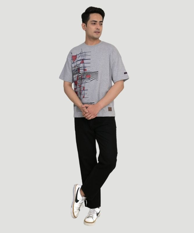 Men's Grey Geometric Print Half Sleeves Oversized Fit T-Shirt